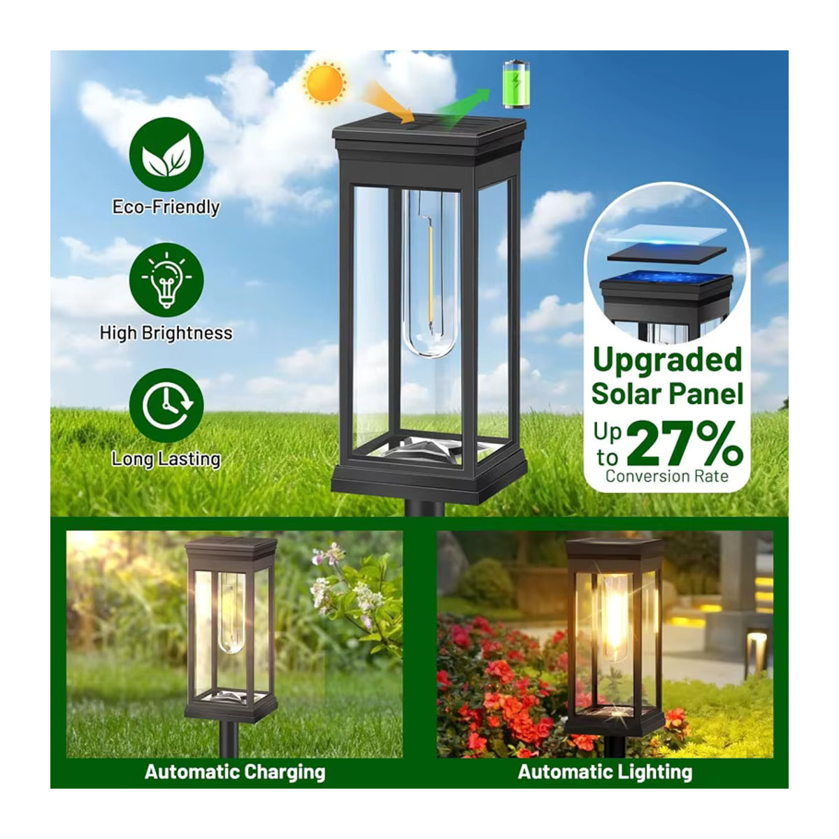 DOUWENXI 6er-Pack Retro Solar Wegeleuchten aus Kunststoff, Schwarz, Warmweißes LED Licht, Wasserdicht für Garten und Außenbereich - Bild 4