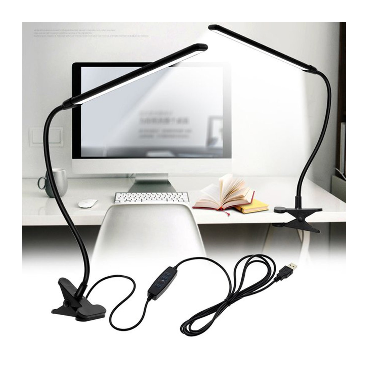 DOUWENXI LED-Schreibtischlampe in Schwarz mit Klemme, dimmbar mit 10 Helligkeitsstufen und 3 Beleuchtungsmodi, USB-Stromversorgung, flexible Leselampe im minimalistischen Design - Bild 1