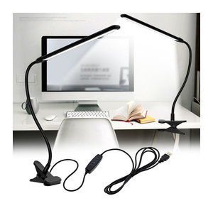 DOUWENXI LED-Schreibtischlampe in Schwarz mit Klemme, dimmbar mit 10 Helligkeitsstufen und 3 Beleuchtungsmodi, USB-Stromversorgung, flexible Leselampe im minimalistischen Design