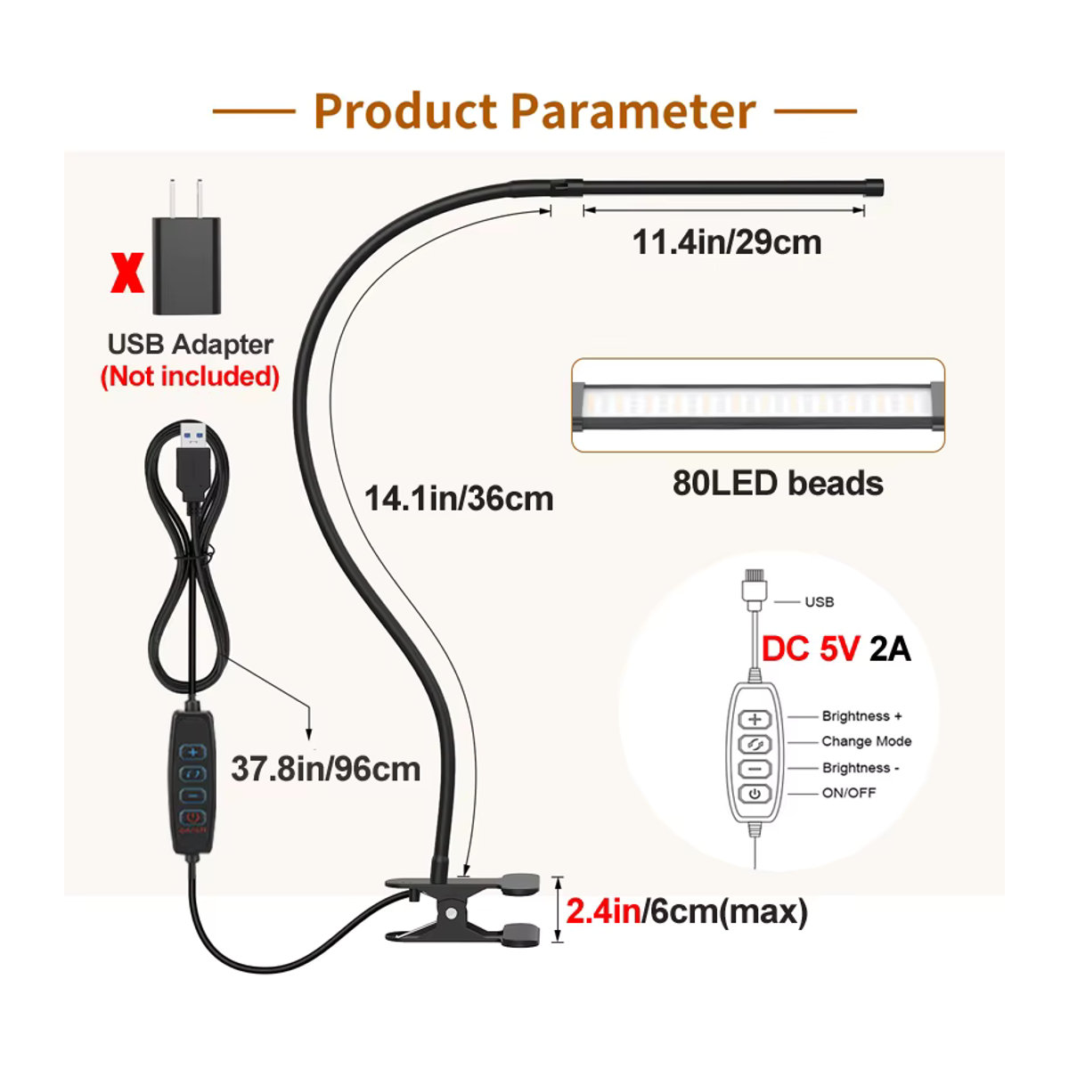 DOUWENXI LED-Schreibtischlampe in Schwarz mit Klemme, dimmbar mit 10 Helligkeitsstufen und 3 Beleuchtungsmodi, USB-Stromversorgung, flexible Leselampe im minimalistischen Design - Bild 3