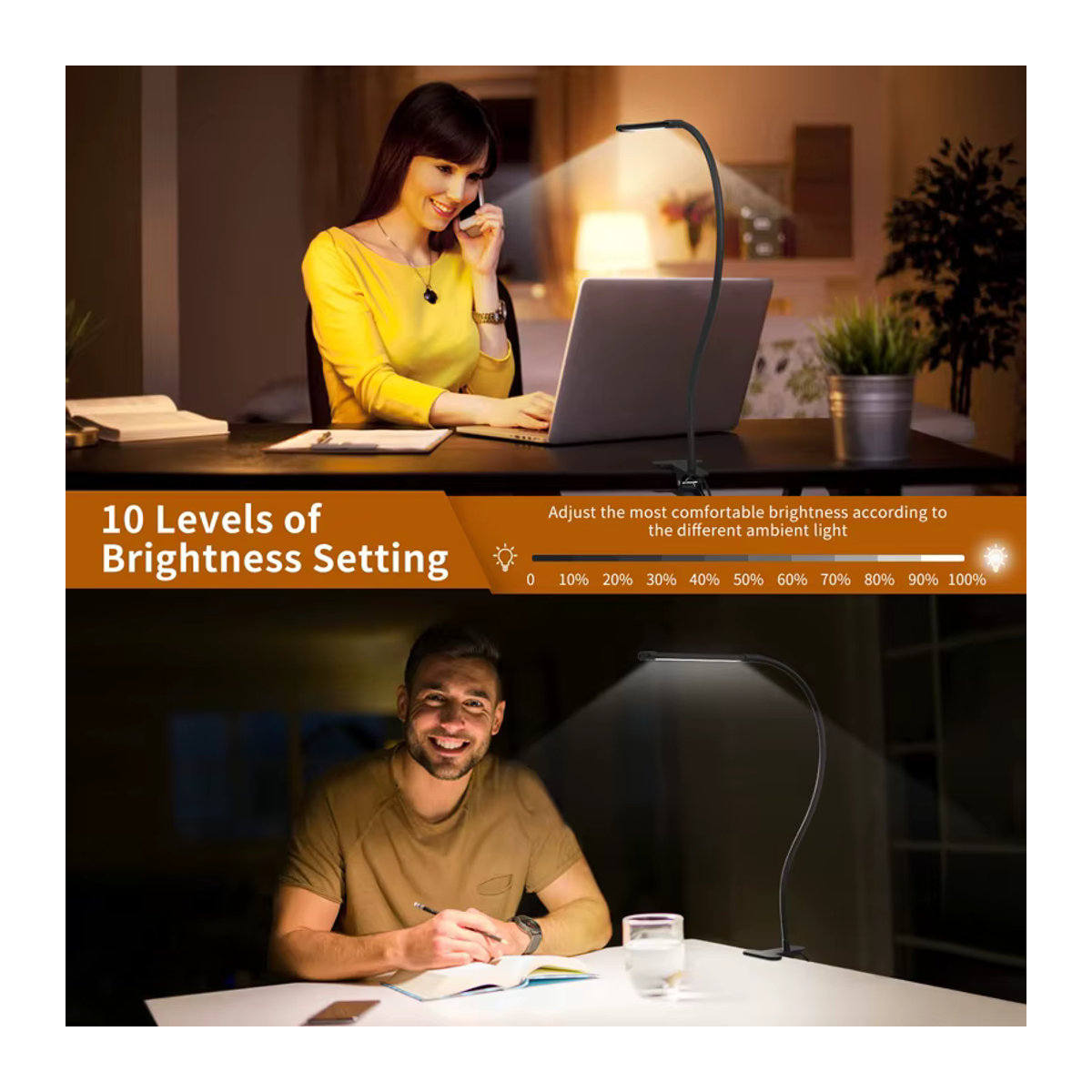 DOUWENXI LED-Schreibtischlampe in Schwarz mit Klemme, dimmbar mit 10 Helligkeitsstufen und 3 Beleuchtungsmodi, USB-Stromversorgung, flexible Leselampe im minimalistischen Design - Bild 4