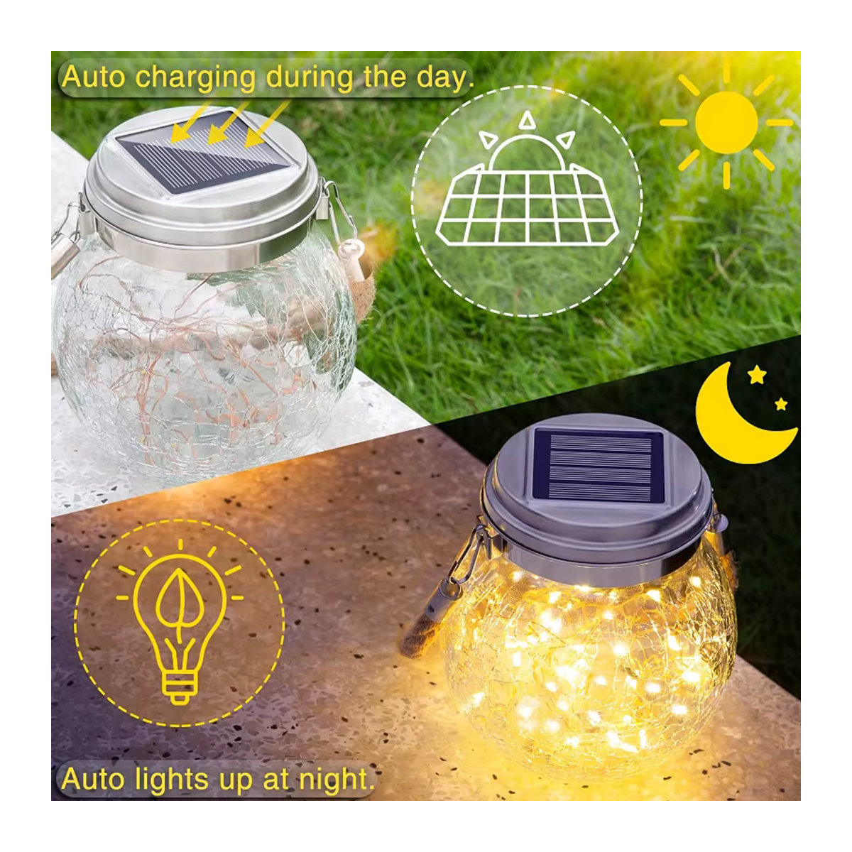 DOUWENXI Solar-Lichterkette aus gebrochenem Glas mit 30 LEDs, Bohemian Design, warmweiß und bunt, IP65 wasserdicht für Garten und Terrasse - Bild 3