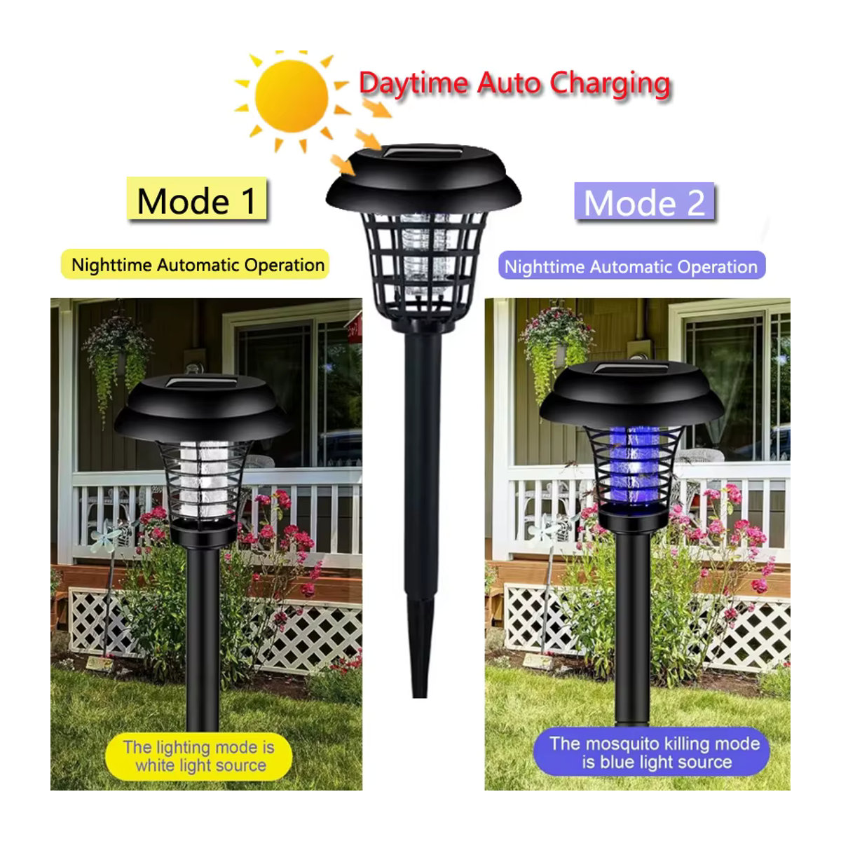 DOUWENXI Solarbetriebene Mückenkiller-Lampe mit UV-Lila und weißer Beleuchtung zur Insektenabwehr für Garten und Terrasse - Bild 3