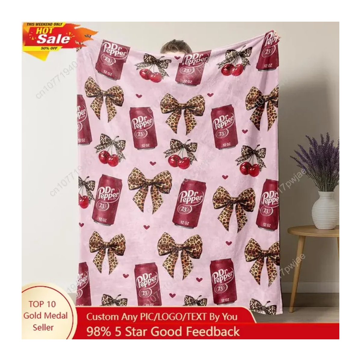Dr. Pepper Flanell-Überwurfdecke mit Leopardenmuster und Schleife in Rosa - Bild 1