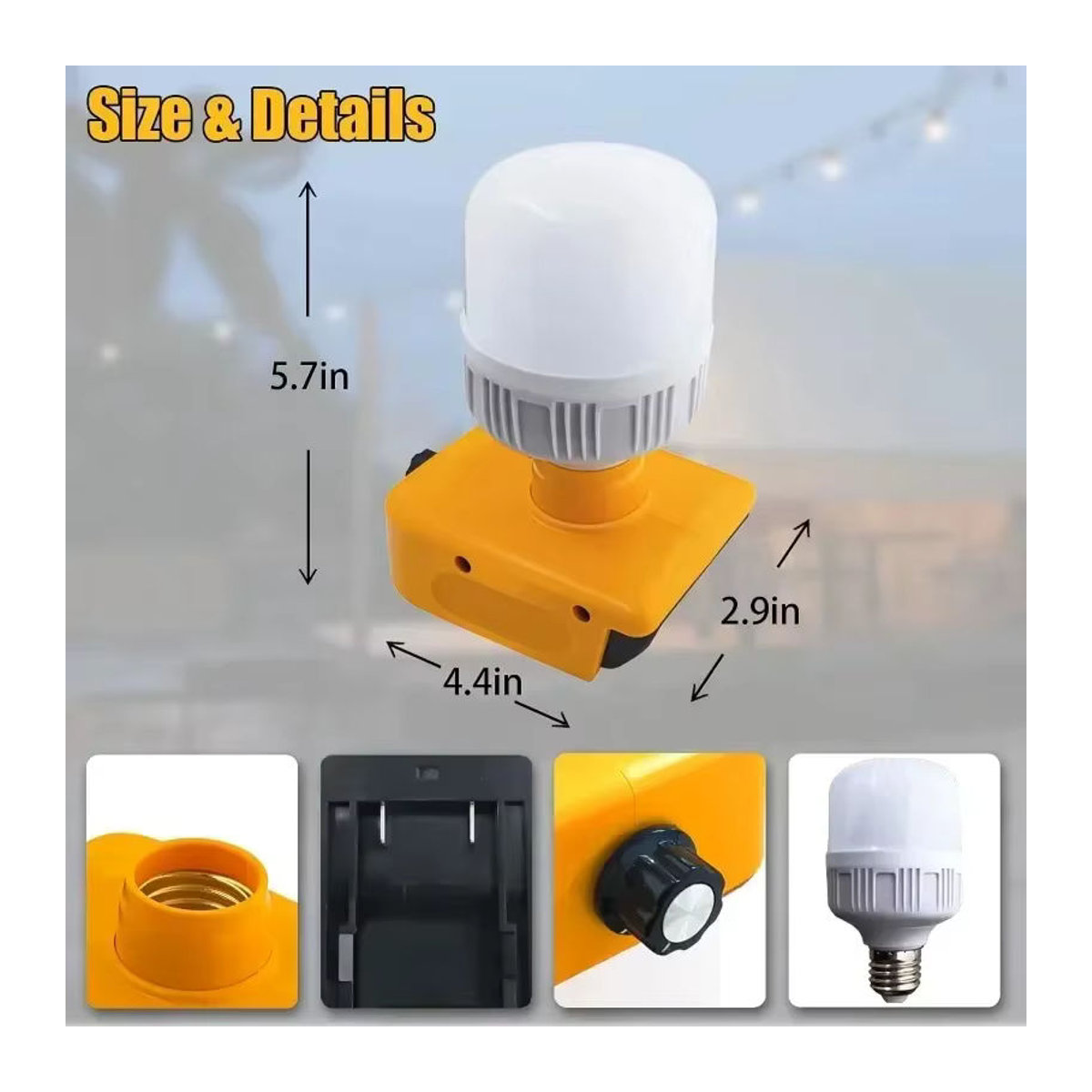 Drahtlose LED-Arbeitsleuchte mit E27-Sockel für DeWalt und andere Akku-Systeme, einstellbare Helligkeit - Bild 2
