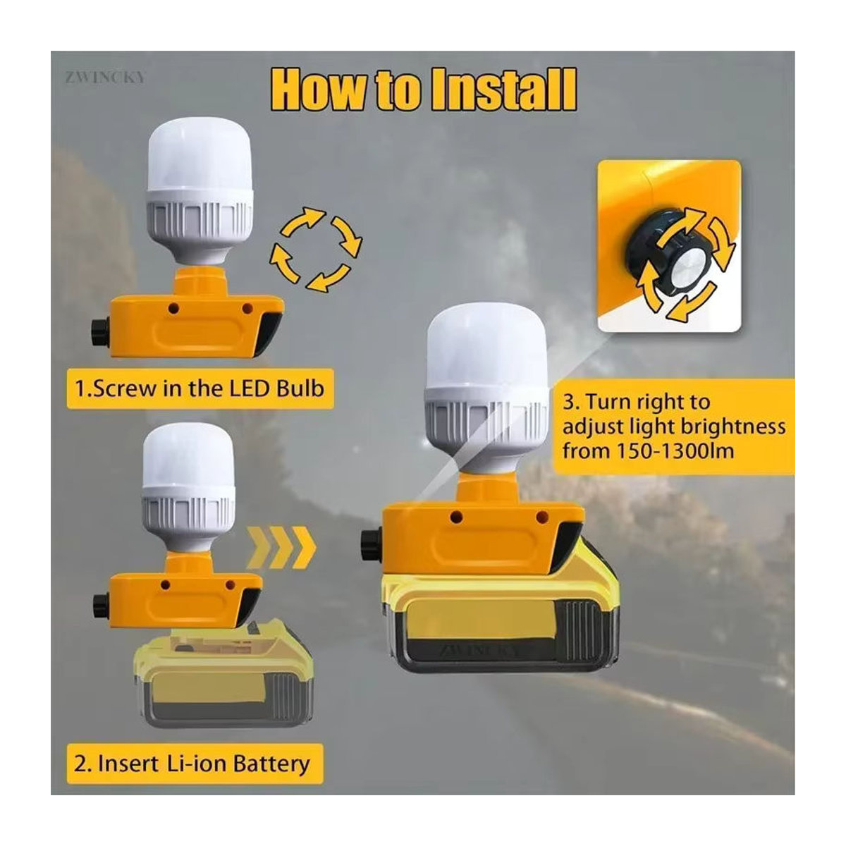Drahtlose LED-Arbeitsleuchte mit E27-Sockel für DeWalt und andere Akku-Systeme, einstellbare Helligkeit - Bild 4