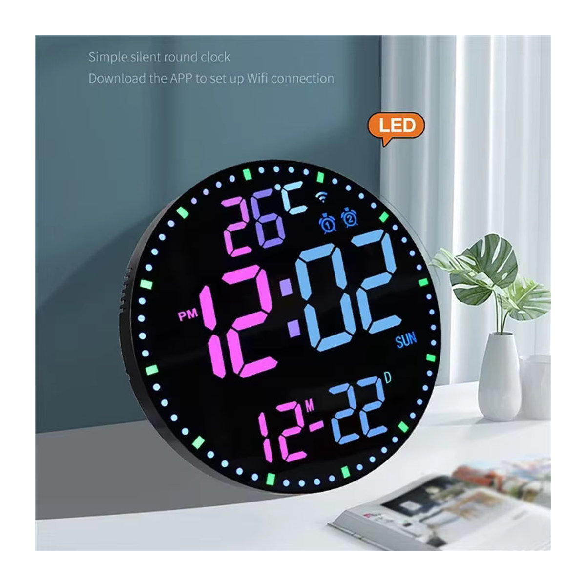 Dreamburgh Digitale LED-Wanduhr in Schwarz mit Wifi-App-Steuerung, Temperaturanzeige und Datumsanzeige - Bild 2