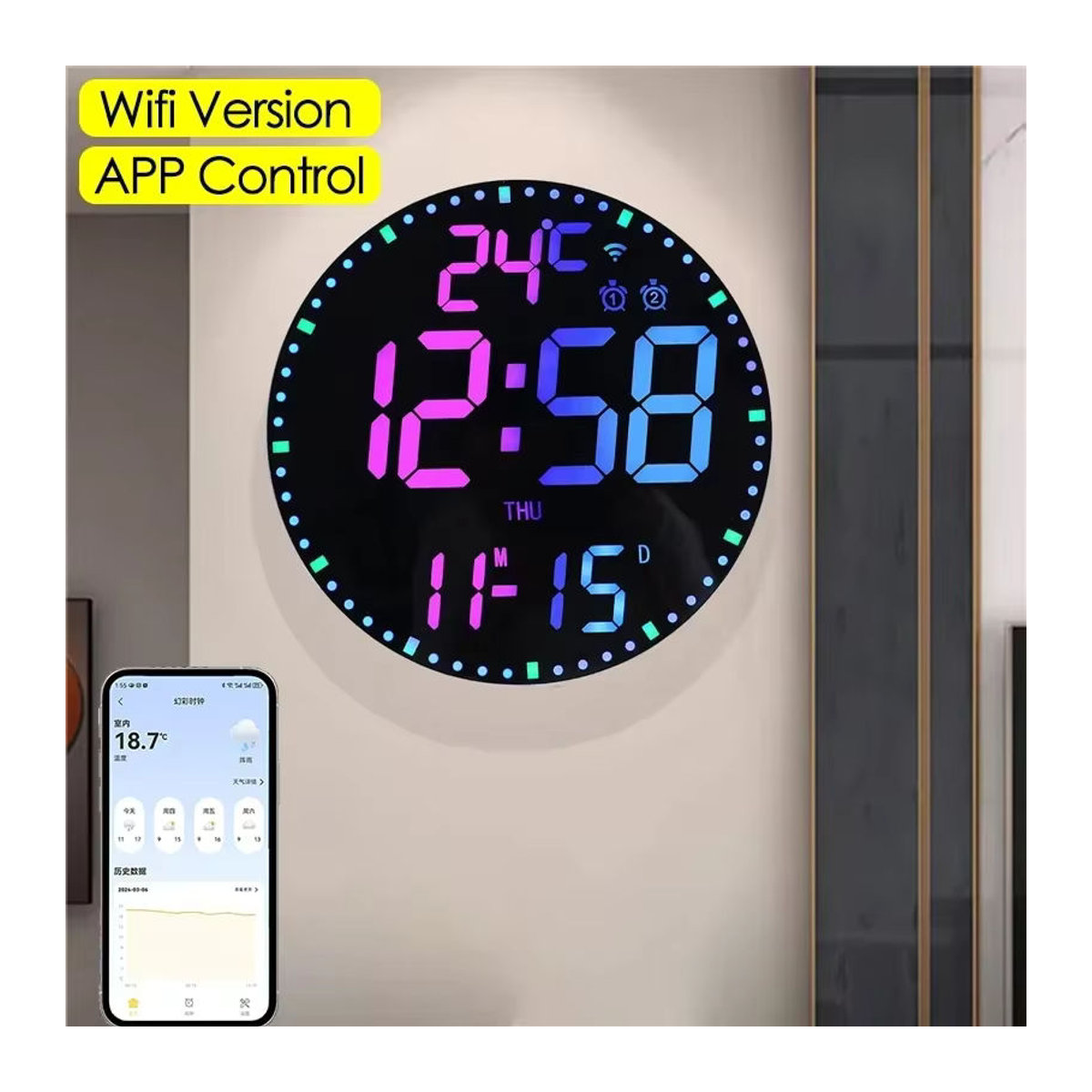 Dreamburgh Digitale RGB-LED-Wanduhr mit App-Steuerung, Thermometer und Datumsanzeige, Schwarz, Rund - Bild 2