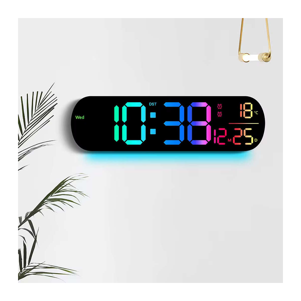 Dreamburgh Digitale Wanduhr mit RGB-Farbe, Temperatur, Datum und Dual-Wecker, Schwarz-Blau, inklusive Fernbedienung - Bild 1