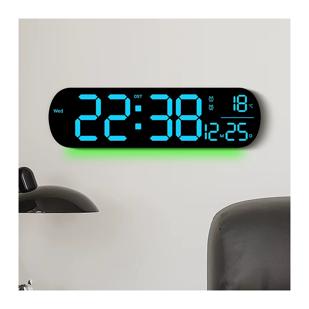 Dreamburgh Digitale Wanduhr mit RGB-Farbe, Temperatur, Datum und Dual-Wecker, Schwarz-Blau, inklusive Fernbedienung - Bild 2