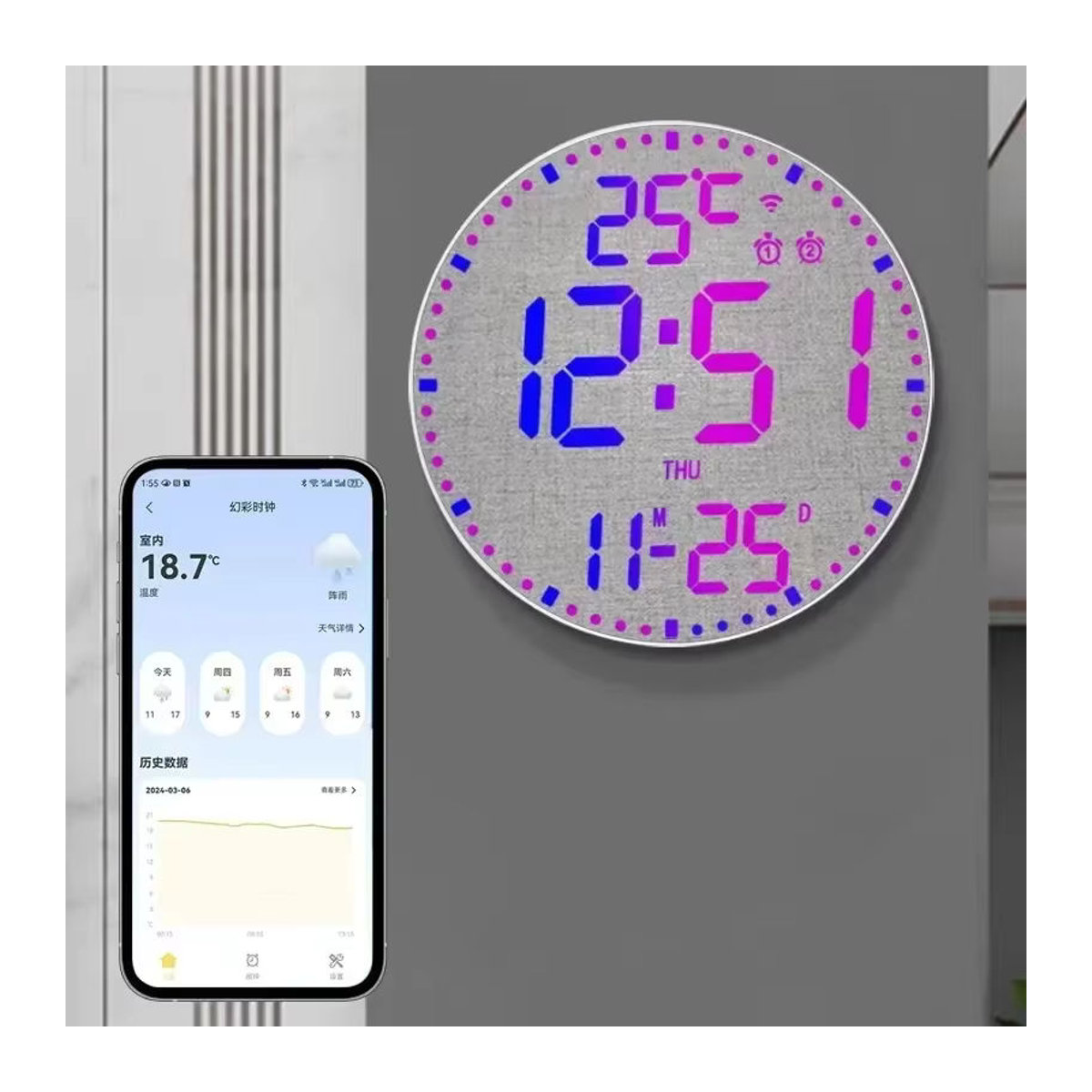 Dreamburgh Digitale WiFi Wanduhr mit Kalenderfunktion und Datumsanzeige, Modernes Design in Weiß, Grau und Mehrfarbig - Bild 2