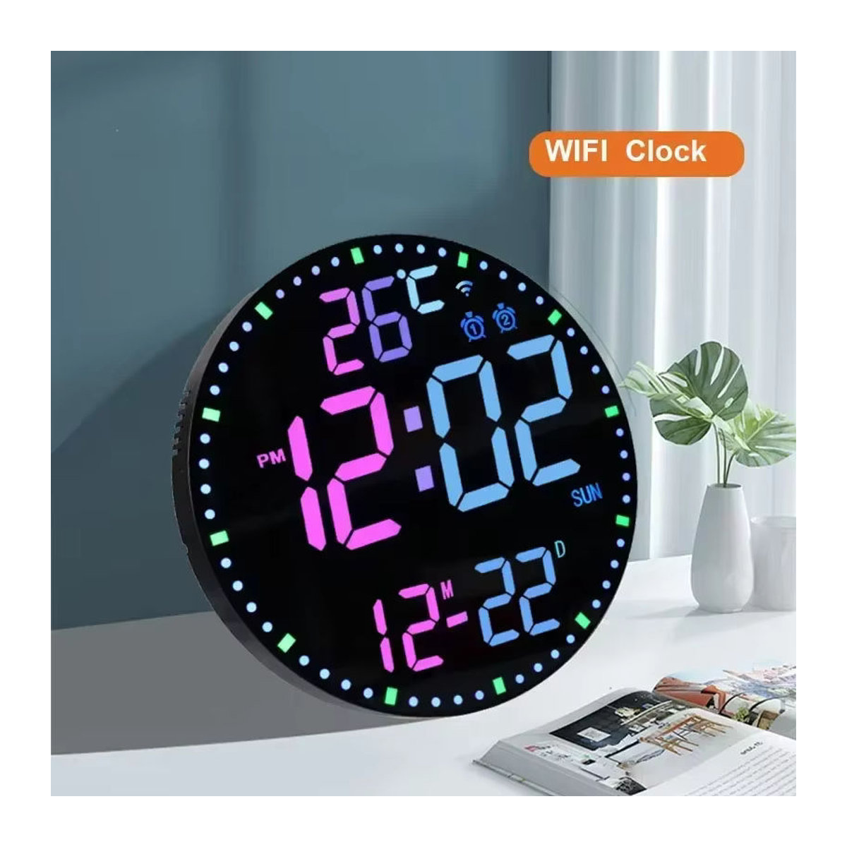 Dreamburgh Digitale WiFi Wanduhr mit Kalenderfunktion und Datumsanzeige, Modernes Design in Weiß, Grau und Mehrfarbig - Bild 3