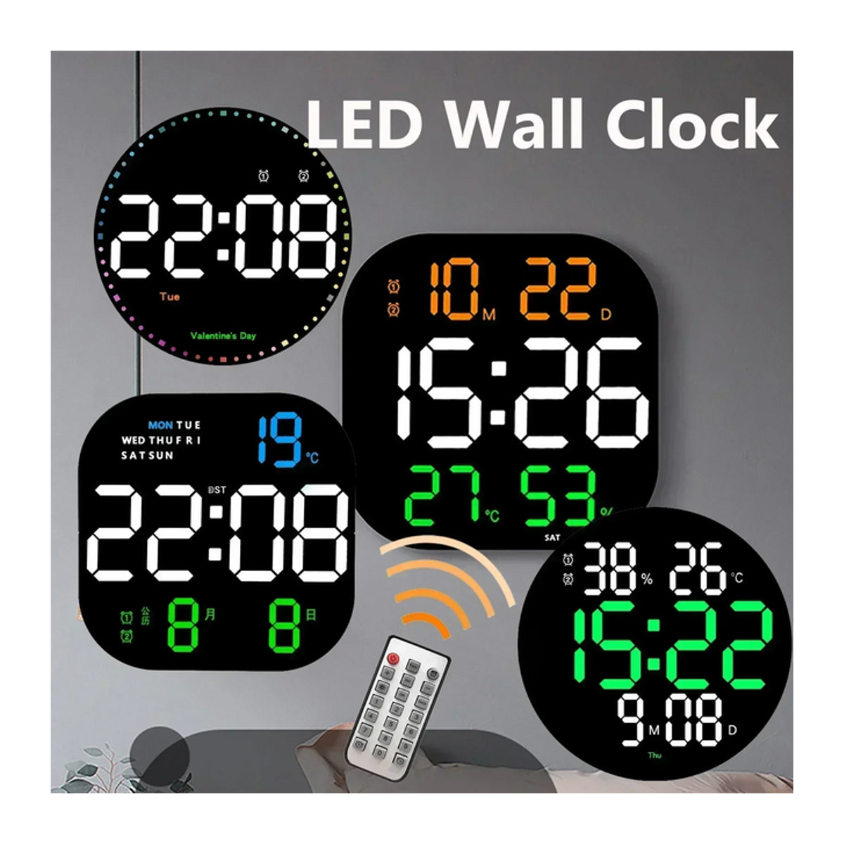 Dreamburgh LED Digitale Wanduhr mit Fernbedienung, Temperatur und Datumsanzeige, Schwarz/Mehrfarbig - Bild 1