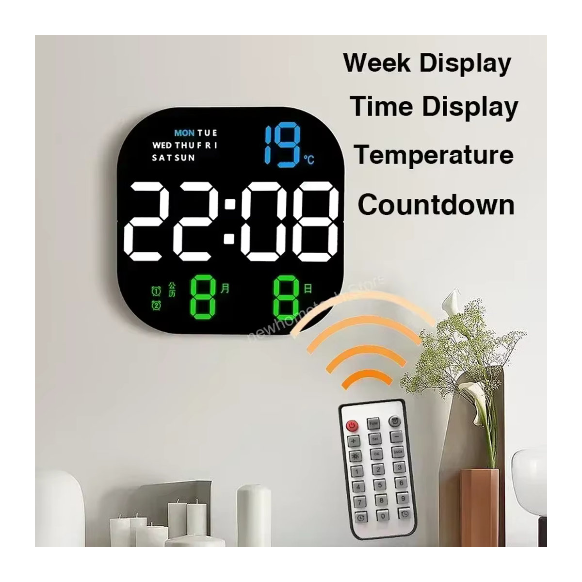Dreamburgh LED Digitale Wanduhr mit Fernbedienung, Temperatur und Datumsanzeige, Schwarz/Mehrfarbig - Bild 2