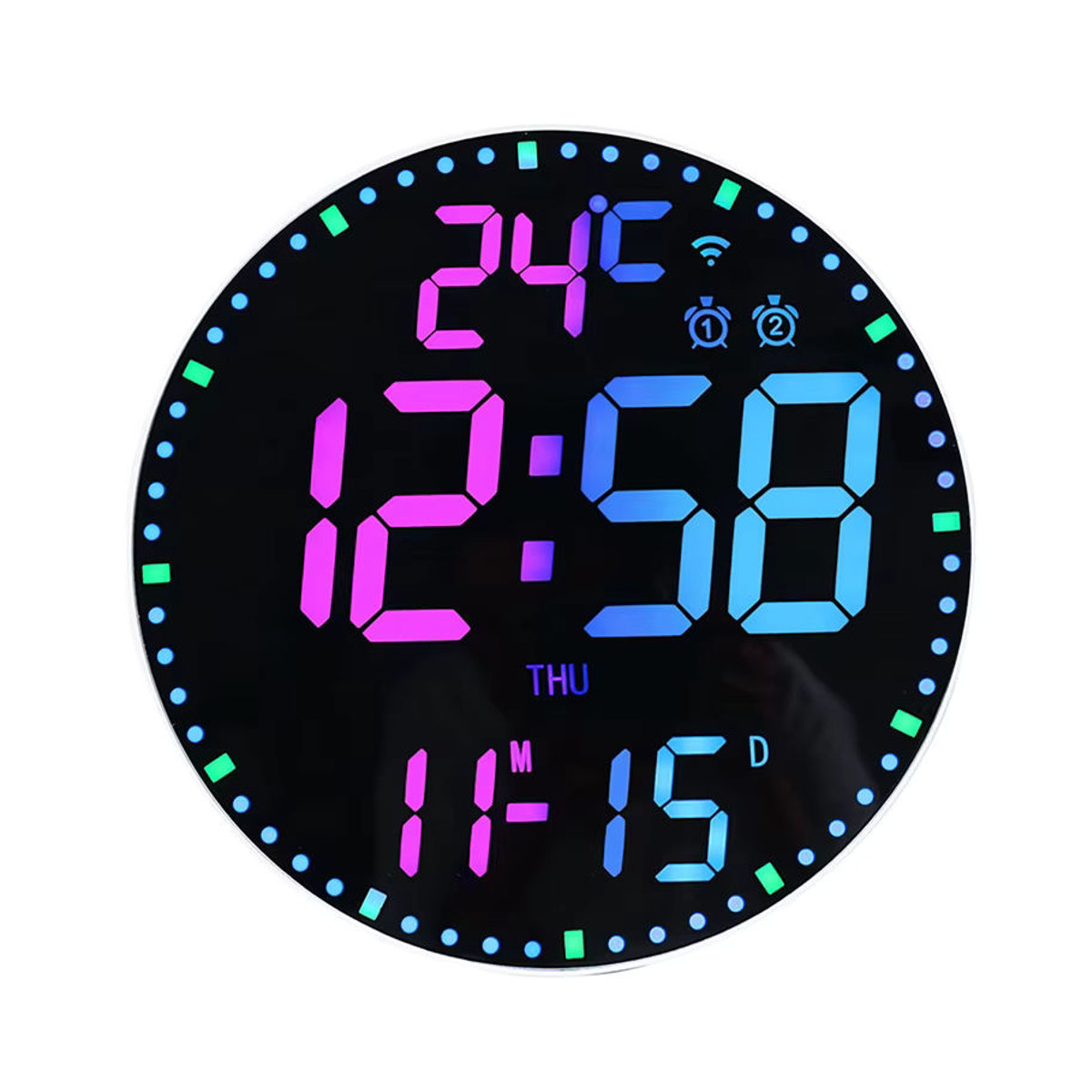 Dreamburgh RGB LED Digitale Wanduhr mit Wifi App-Steuerung, Temperatur- und Datumsanzeige, moderner Wecker in Schwarz, rund und multifunktional - Bild 2