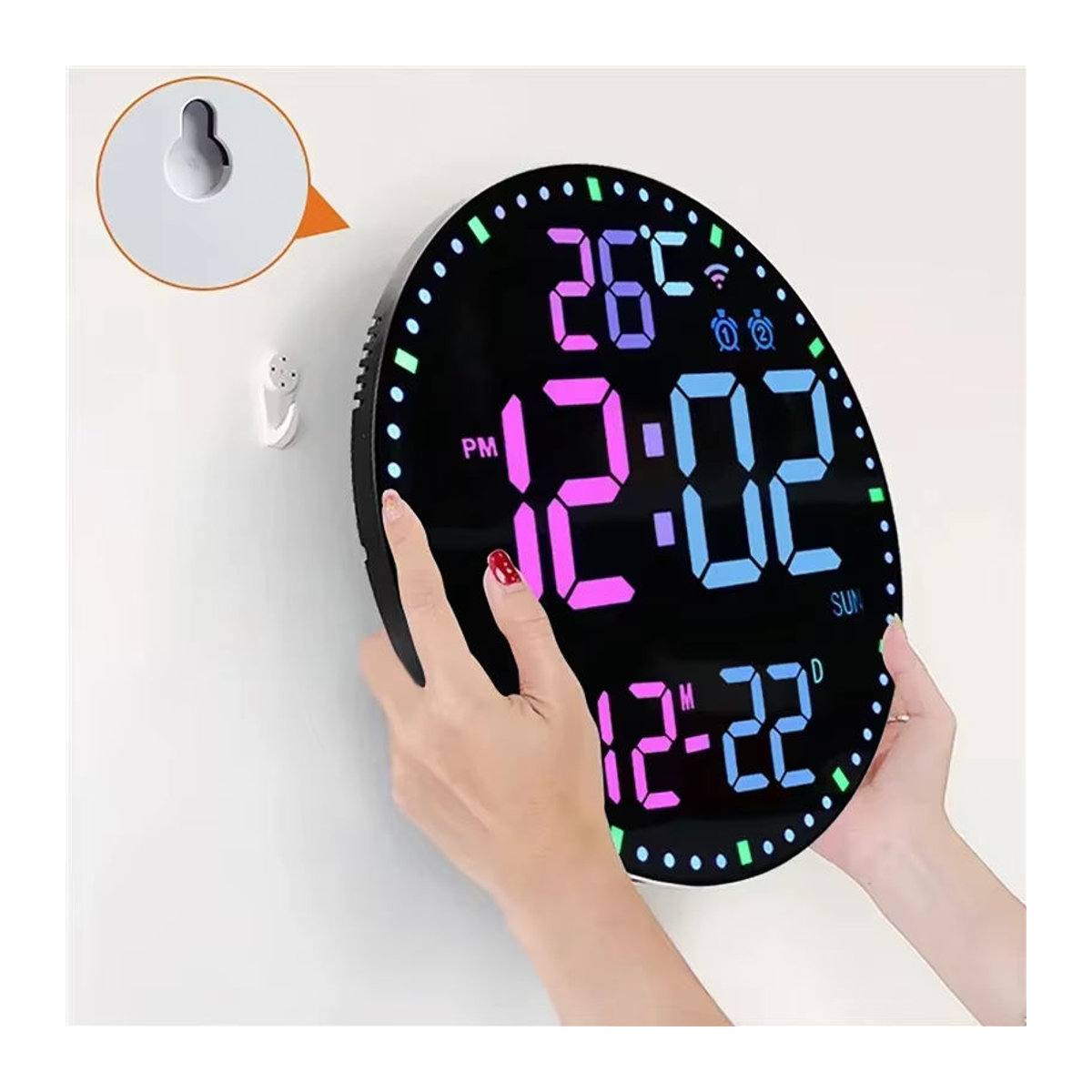 Dreamburgh RGB LED Digitale Wanduhr mit Wifi App-Steuerung, Temperatur- und Datumsanzeige, moderner Wecker in Schwarz, rund und multifunktional - Bild 4