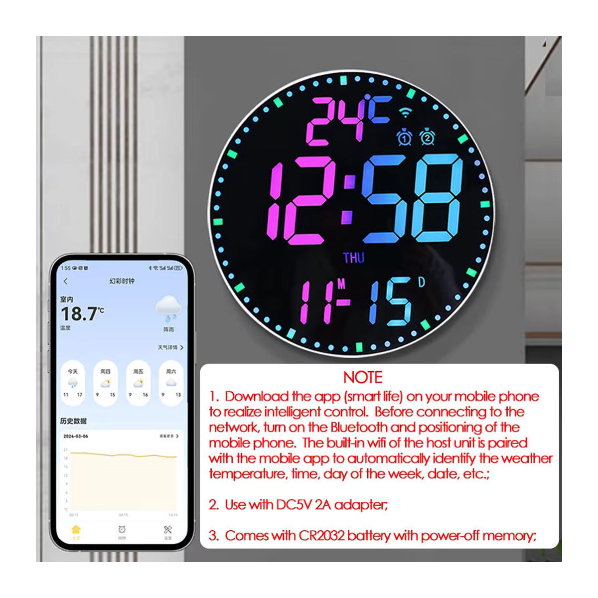 Dreamburgh RGB LED Digitale Wanduhr mit Wifi App-Steuerung, Temperatur- und Datumsanzeige, moderner Wecker in Schwarz, rund und multifunktional - Bild 6
