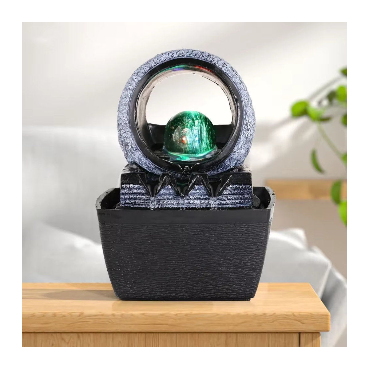 Dreamburgh Tischwasserbrunnen mit LED-Beleuchtung und Rolling Ball als Feng Shui Dekoration aus Kunstharz in Grau und Schwarz - Bild 2