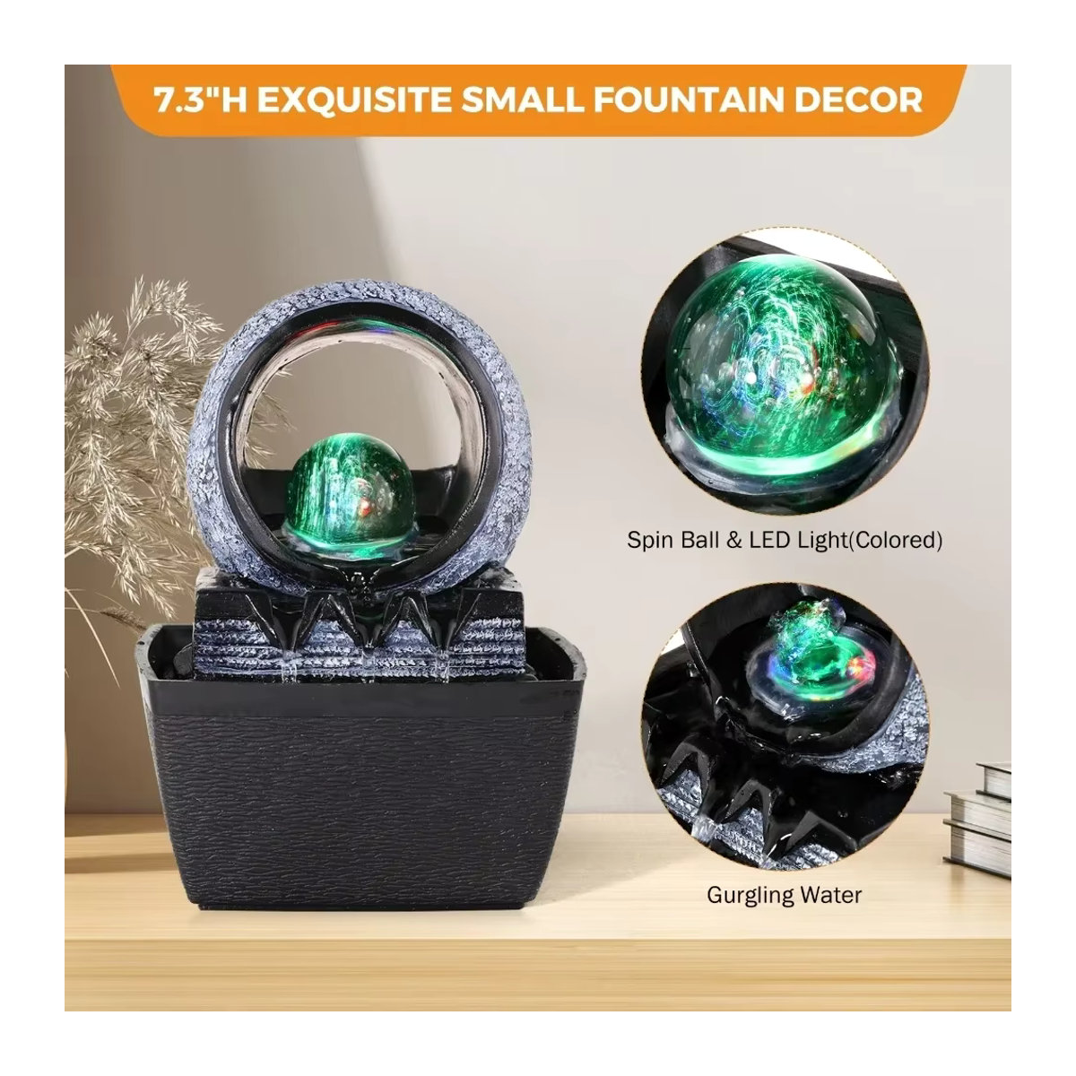 Dreamburgh Tischwasserbrunnen mit LED-Beleuchtung und Rolling Ball als Feng Shui Dekoration aus Kunstharz in Grau und Schwarz - Bild 3