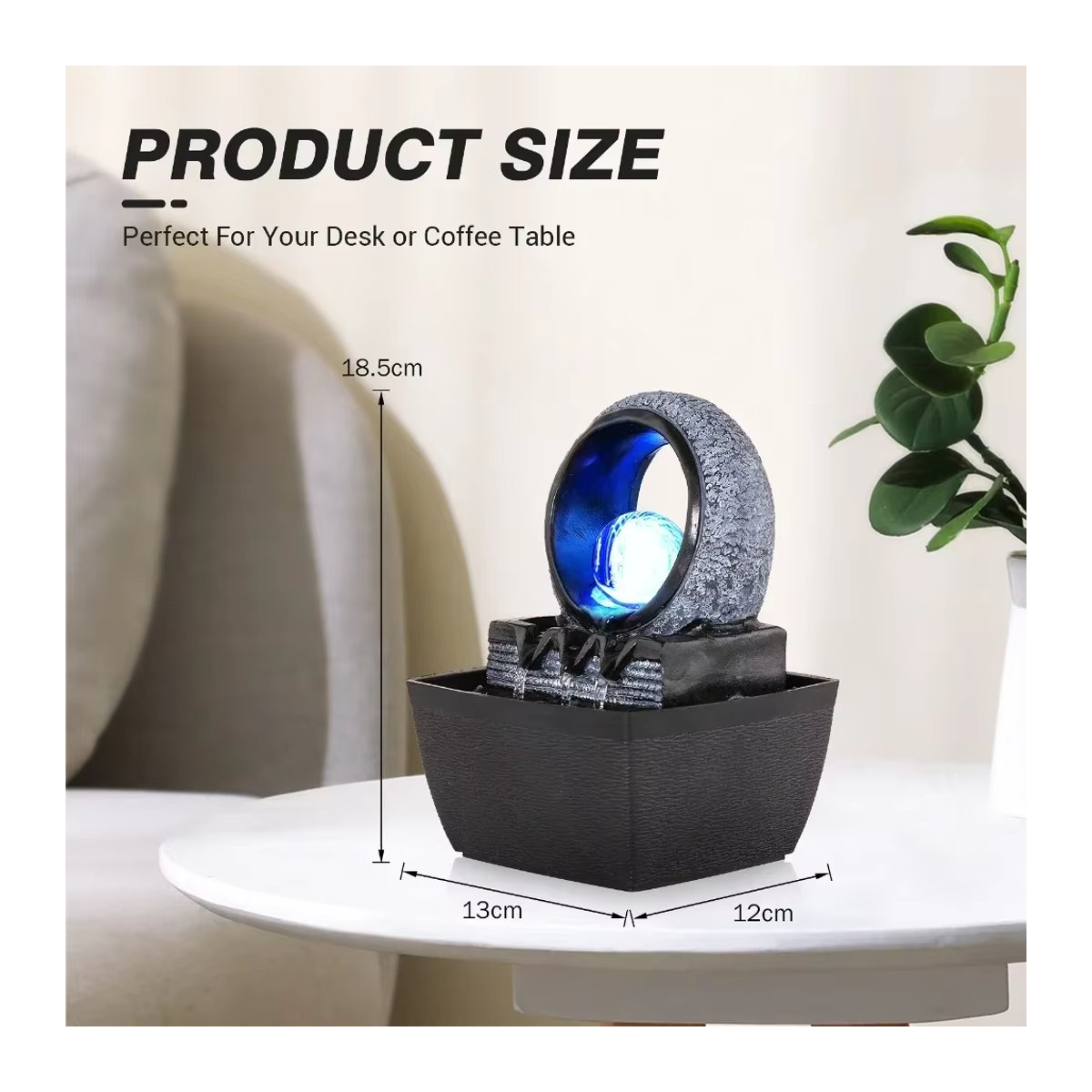 Dreamburgh Tischwasserbrunnen mit LED-Beleuchtung und Rolling Ball als Feng Shui Dekoration aus Kunstharz in Grau und Schwarz - Bild 4