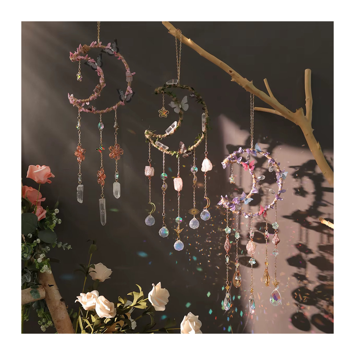 Dreamocean Kristall Traumfänger Windspiel Prisma Sonnenfänger in Pink und Mehrfarbig mit Mond-Elementen aus Glas für dein Schlafzimmer-Dekor - Bild 3