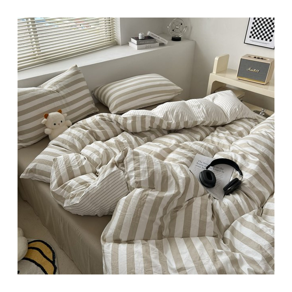 Dreamreal Bettwäsche-Set aus gewaschener Baumwolle gestreift in Blau und Beige mit Bettbezug und Kissenbezug B/T/H: 200 x 230 cm und 220 x 240 cm - Bild 1