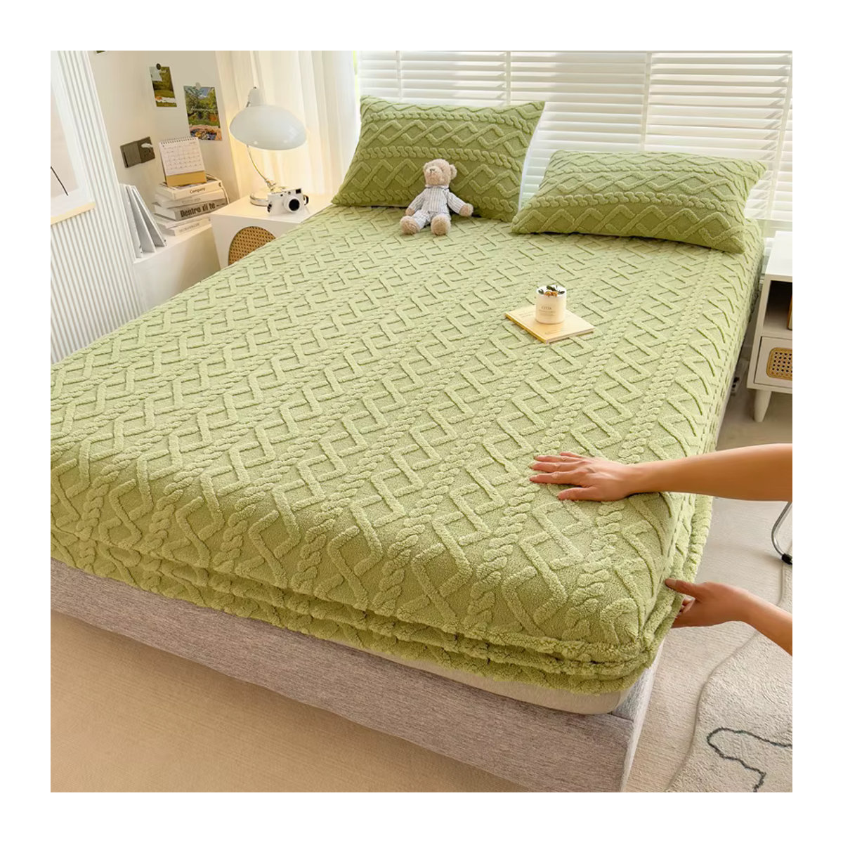 Dreamreal Jacquard-Bettbezug mit 3D-geprägtem Samt und Tafferta-Bettlaken, warmes Winter-Set in Rosa oder Grün - Bild 6
