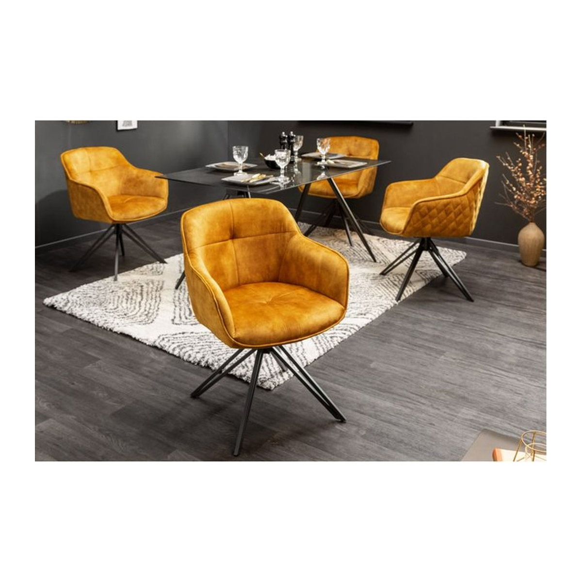 Drehbarer Armlehnenstuhl EUPHORIA von riess-ambiente in Senfgelb aus Samt mit schwarzem Metallgestell im Modern Retro Design - Bild 1