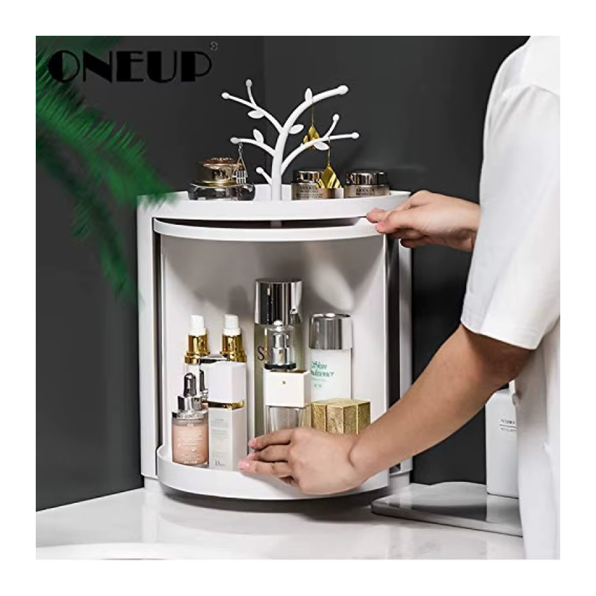 Drehbarer Eckregal-Organizer für Badezimmer und Küche, Wandmontiertes Aufbewahrungsregal in Weiß oder Creme, Dreieckiges 360 Grad Drehbarkeit Regal für Gewürze und Flaschen - Bild 3