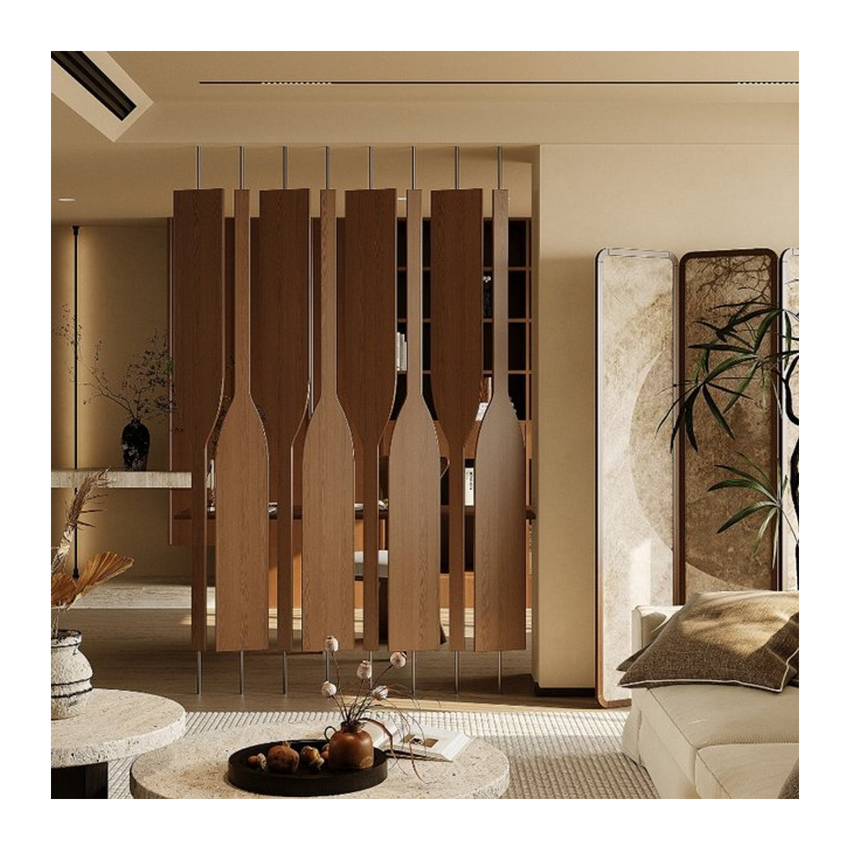 Drehbarer Raumteiler aus Massivholz in Braun, minimalistisches Design, freistehend - Bild 1