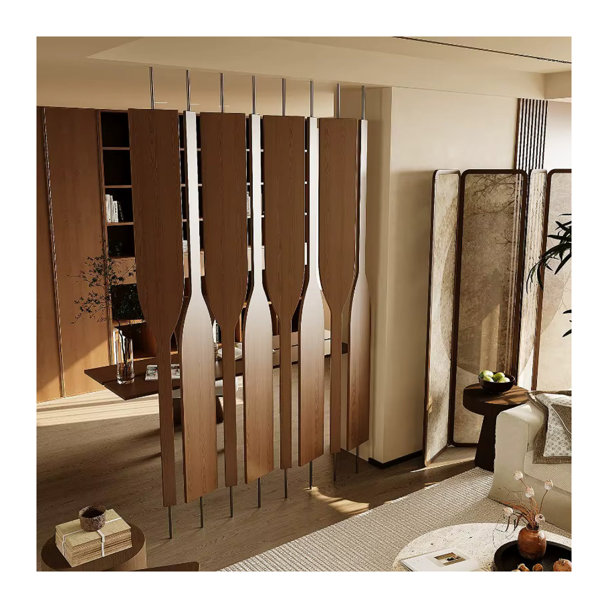Drehbarer Raumteiler aus Massivholz in Braun, minimalistisches Design, freistehend - Bild 2