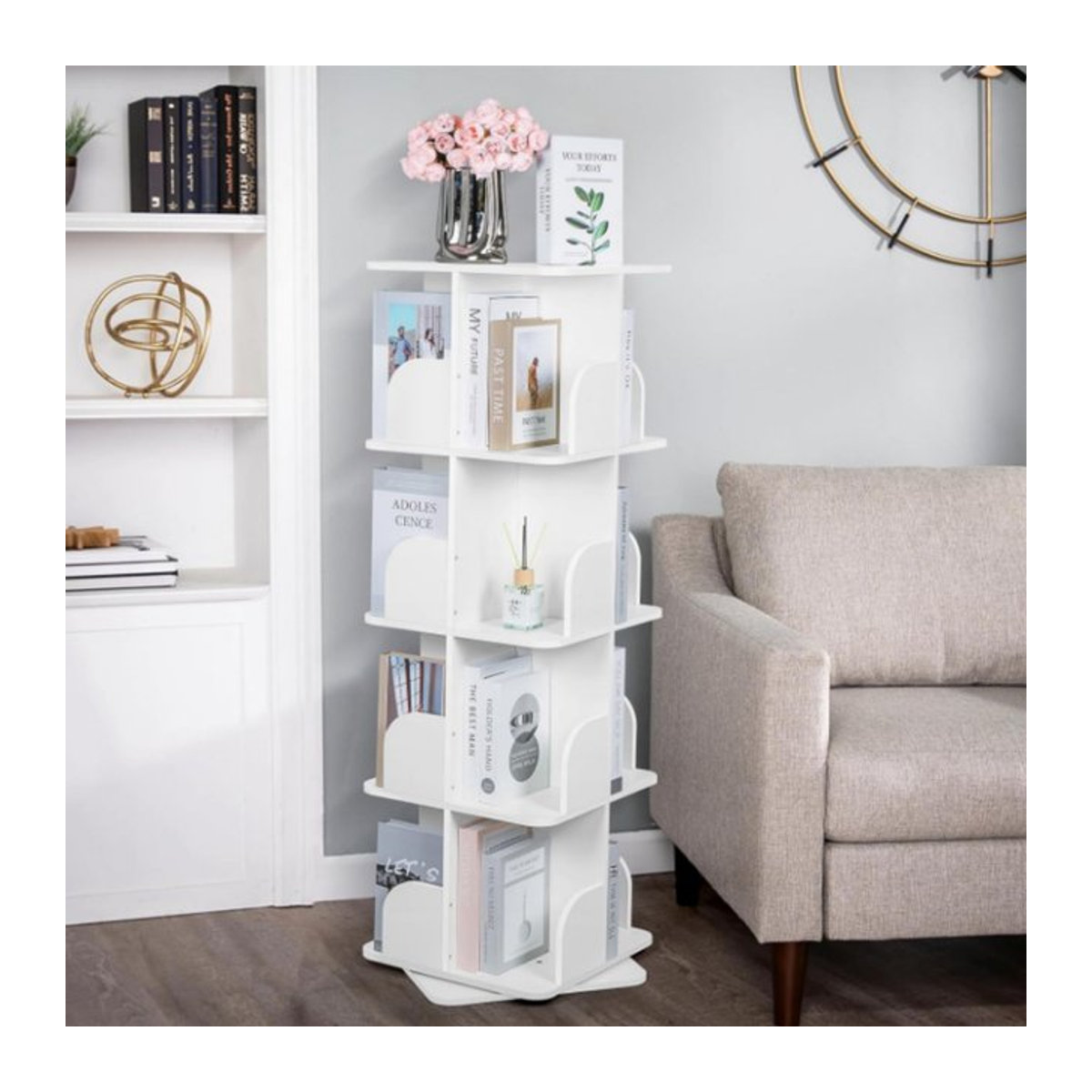 Drehbares 4-stufiges Bücherregal aus Holz in Weiß, minimalistisches und modernes Design für Kinder oder das Büro - Bild 1