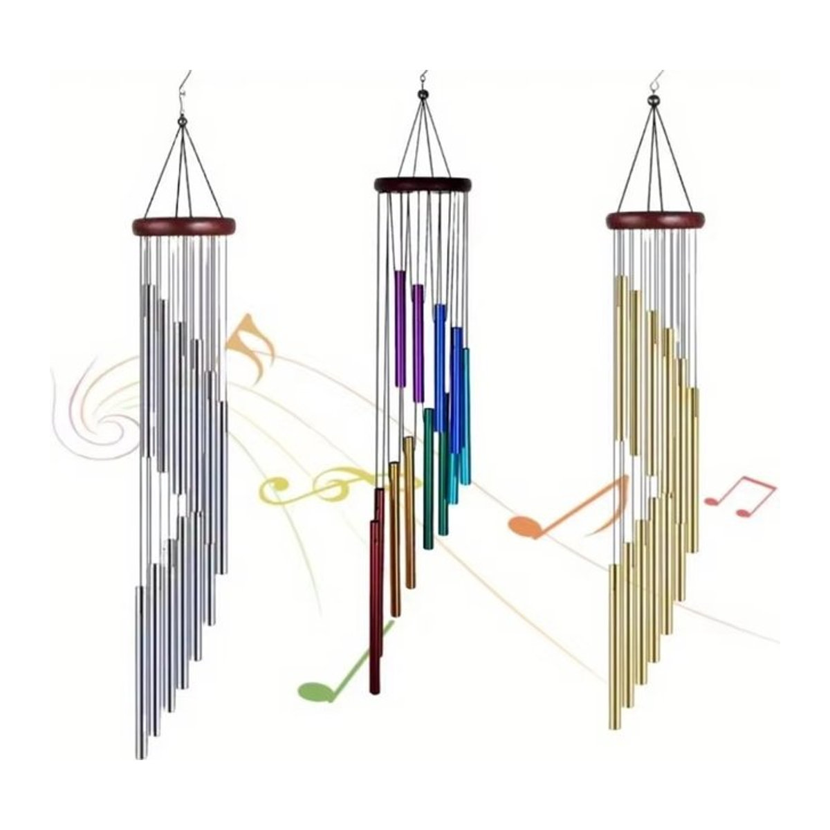 Drehbares Windspiel aus massivem Holz und Aluminium mit 12 Röhren in Bunt, klassische Hängedekoration - Bild 1
