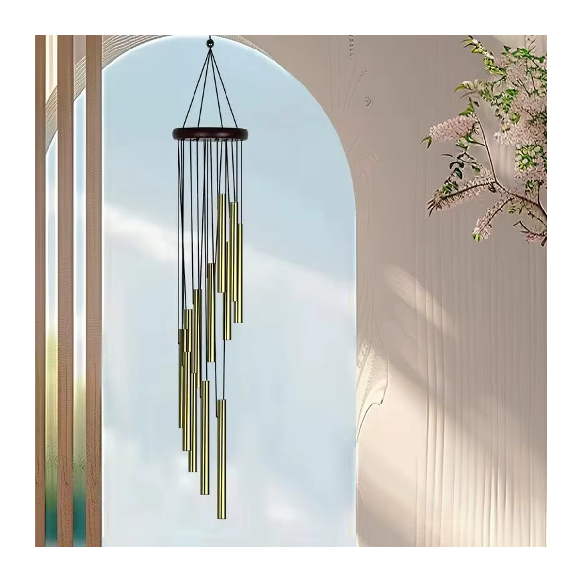 Drehbares Windspiel aus massivem Holz und Aluminium mit 12 Röhren in Bunt, klassische Hängedekoration - Bild 2