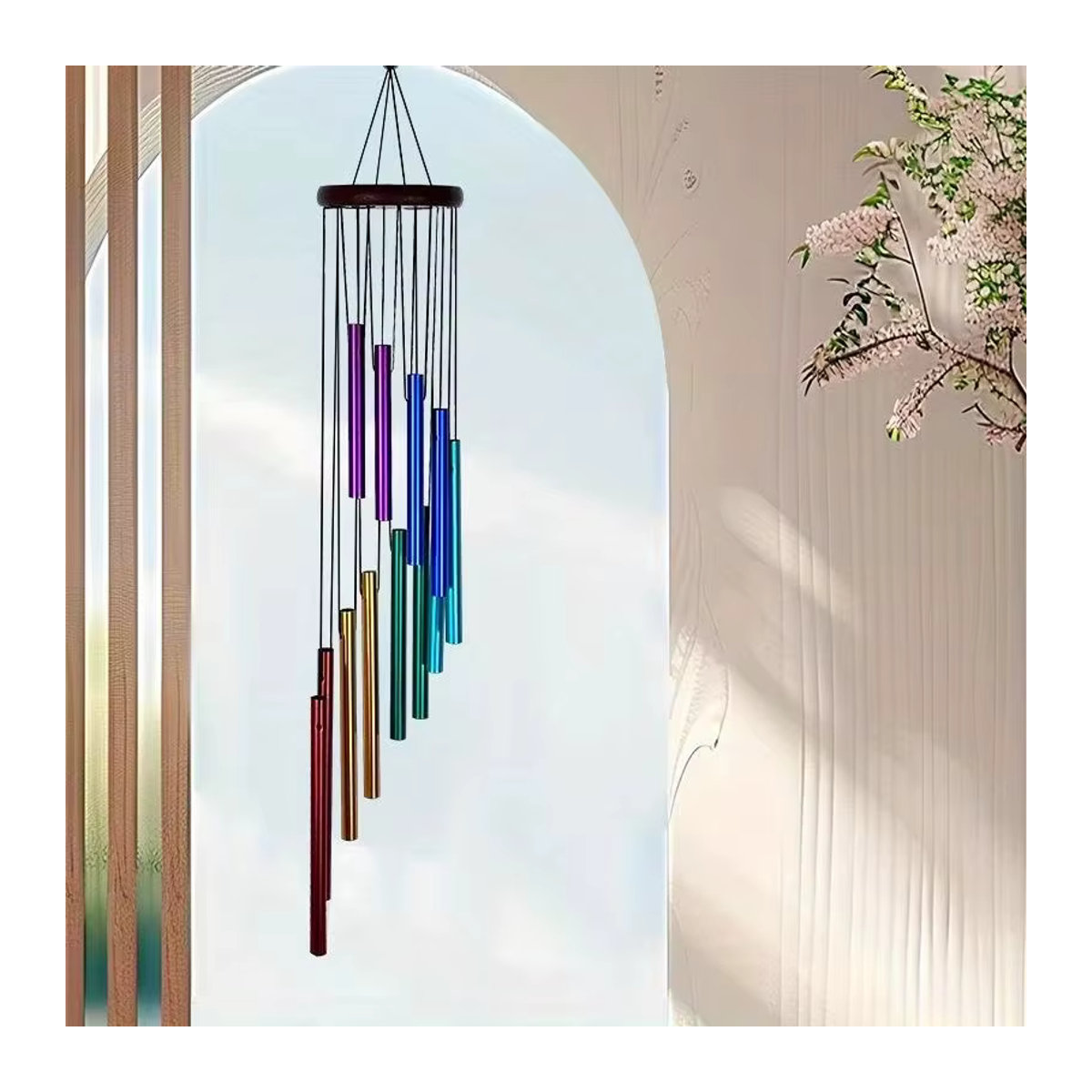 Drehbares Windspiel aus massivem Holz und Aluminium mit 12 Röhren in Bunt, klassische Hängedekoration - Bild 3