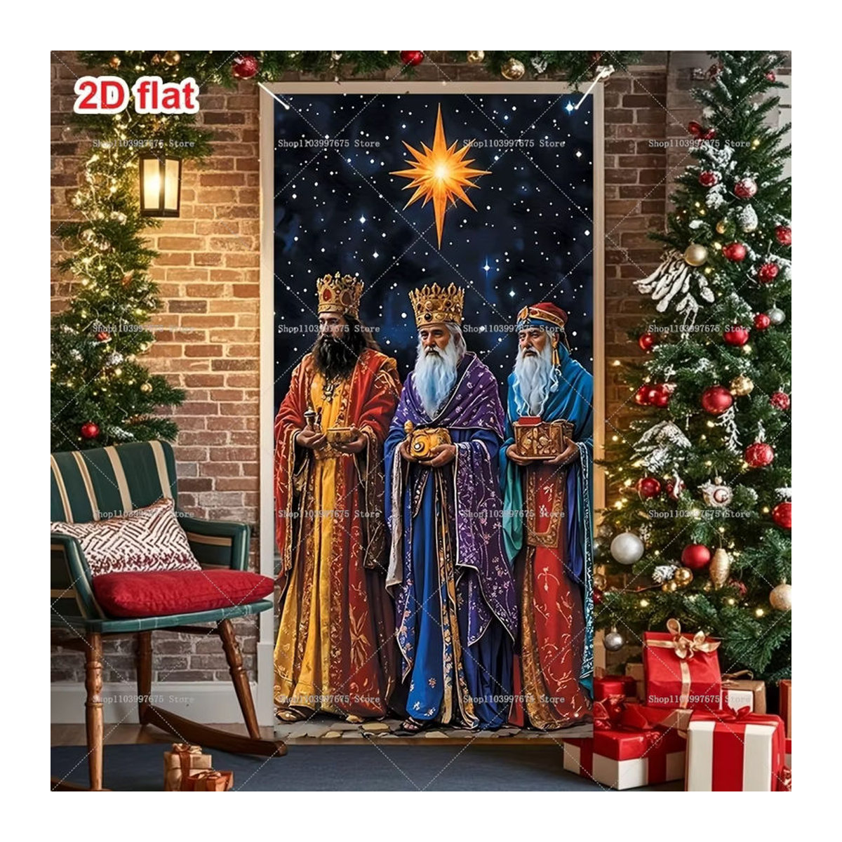 Drei Könige Sternennacht Tür Banner als weihnachtliche Dekoration für Foto Studio und Party, mehrfarbig, B/H: 180 x 90 cm - Bild 1
