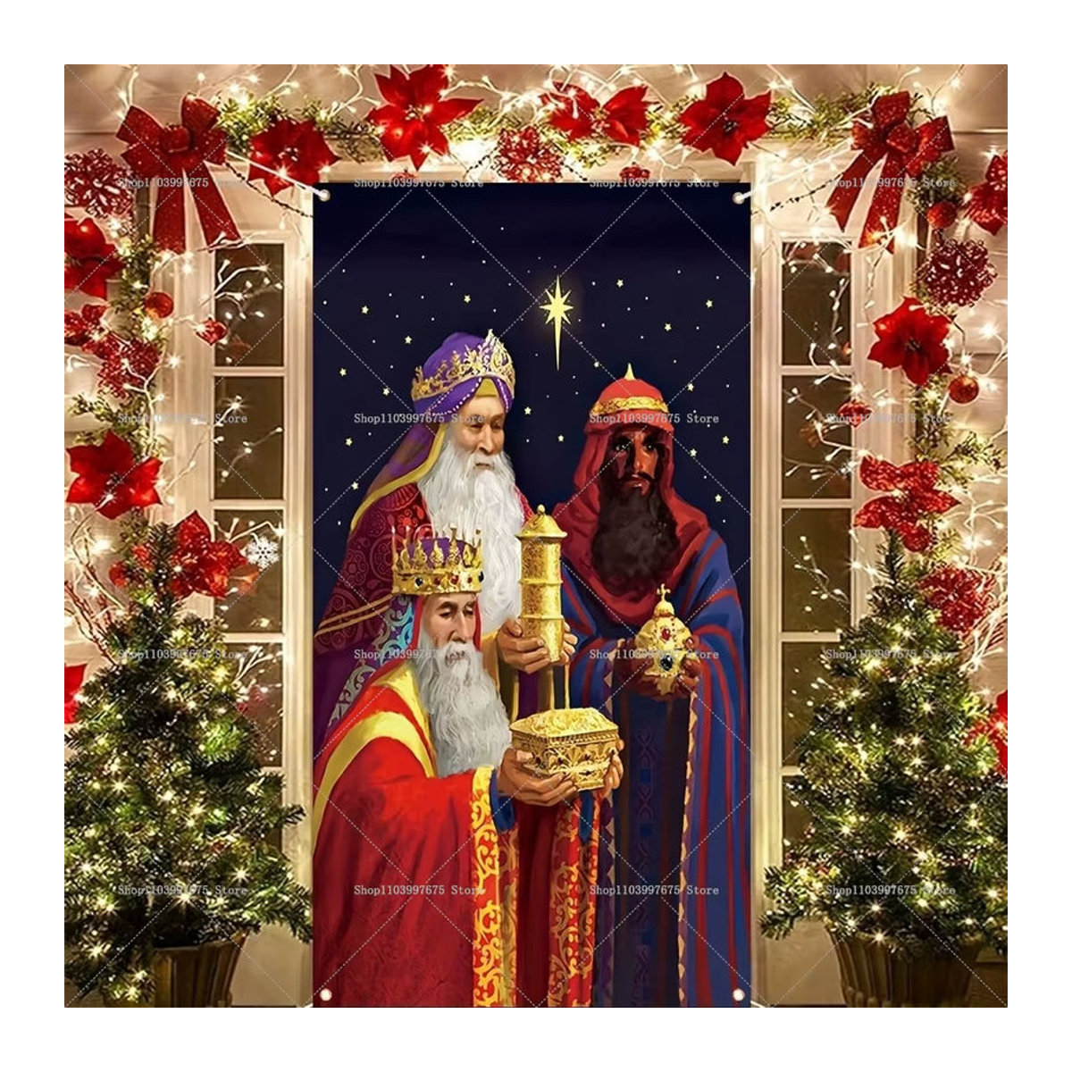 Drei Könige Sternennacht Tür Banner als weihnachtliche Dekoration für Foto Studio und Party, mehrfarbig, B/H: 180 x 90 cm - Bild 2