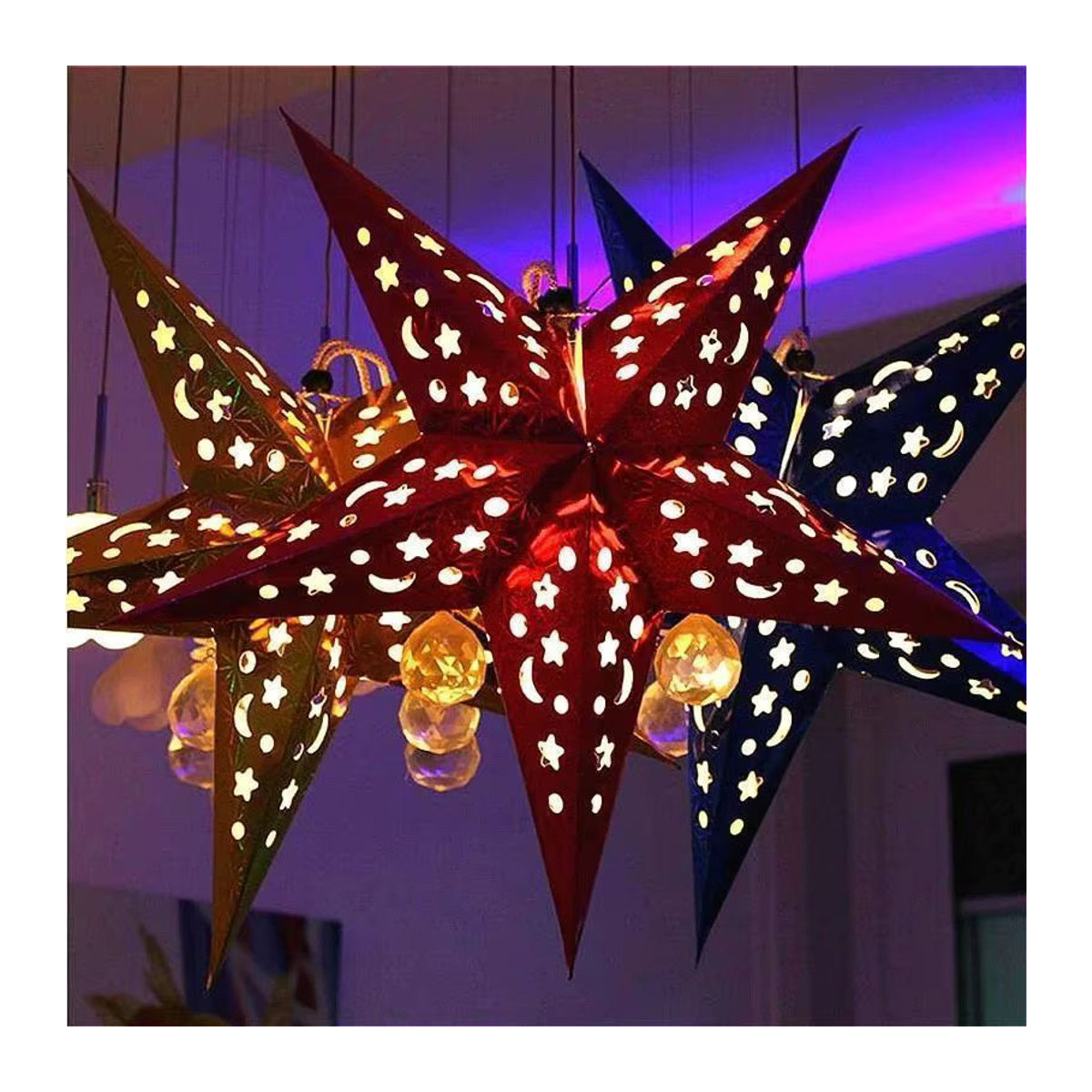 Dreidimensionaler Weihnachtsstern aus Papier als hängendes Ornament in Blau und Mehrfarbig, Durchmesser: 30 cm - Bild 3