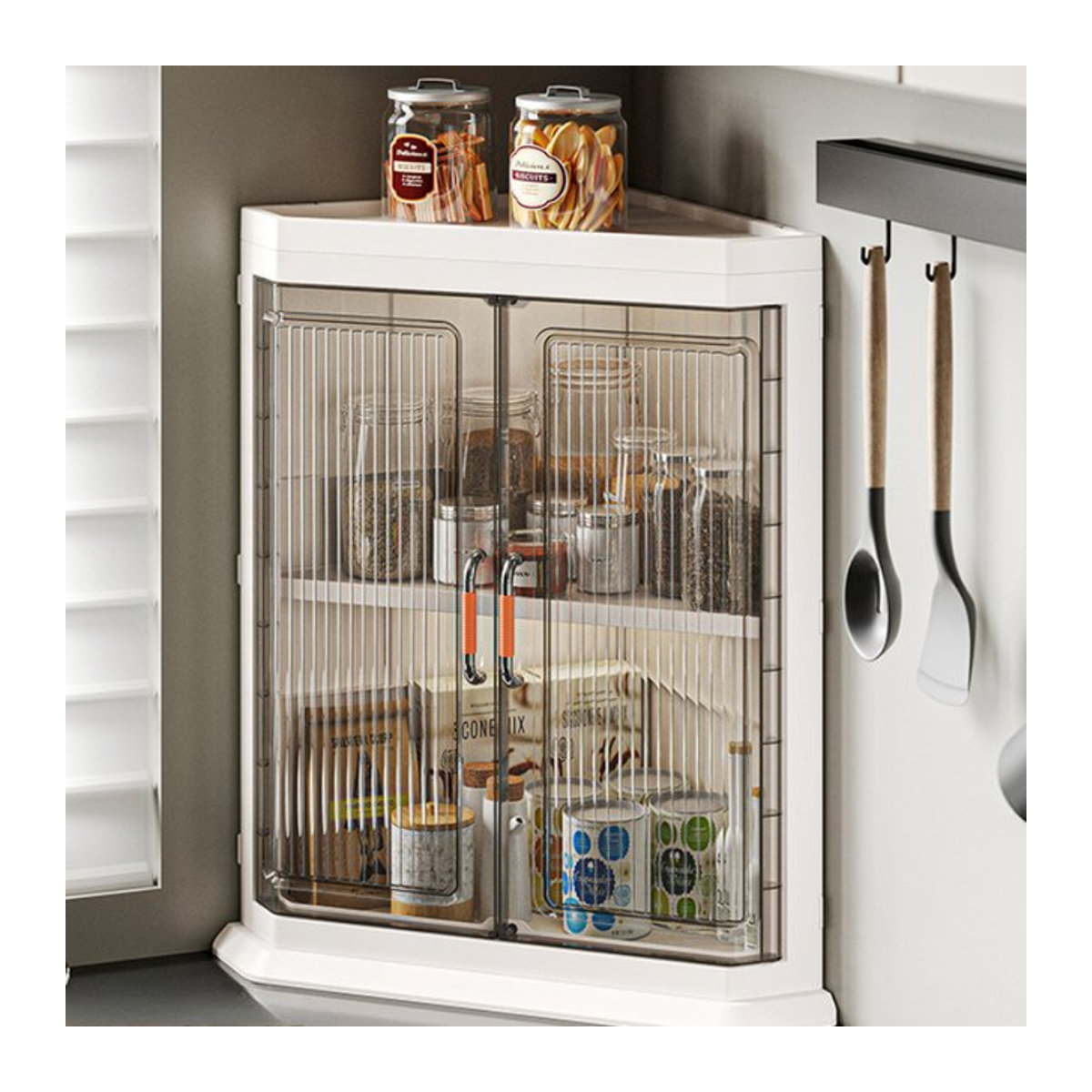 Dreieckiges Staubregal aus Kunststoff in Weiß als mehrschichtiger Lagerschrank für Wohnzimmer oder Schlafzimmer - Bild 1