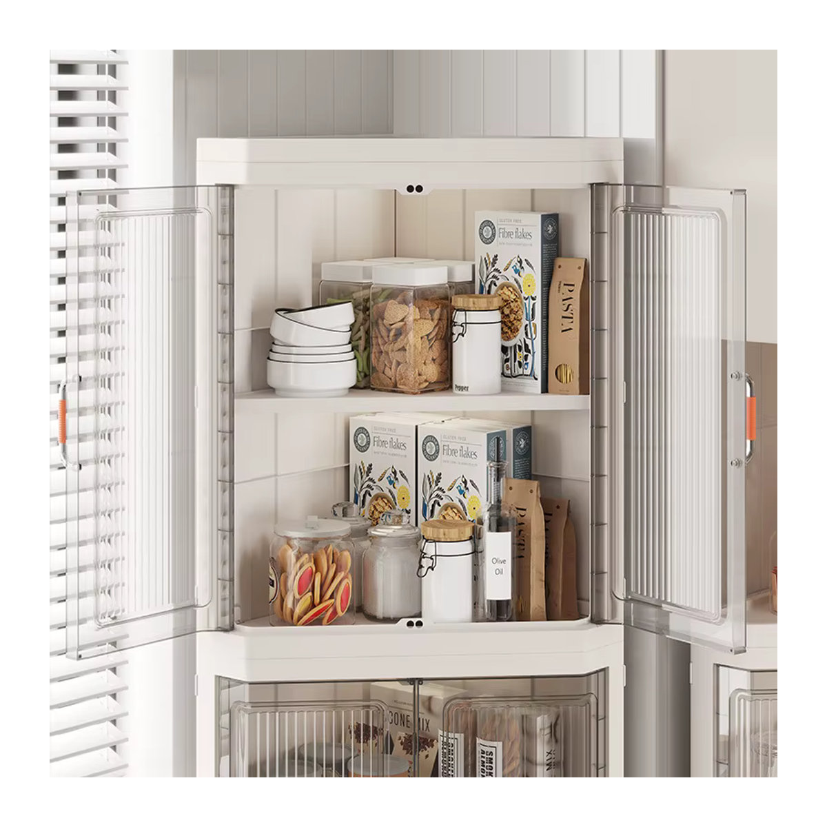 Dreieckiges Staubregal aus Kunststoff in Weiß als mehrschichtiger Lagerschrank für Wohnzimmer oder Schlafzimmer - Bild 3