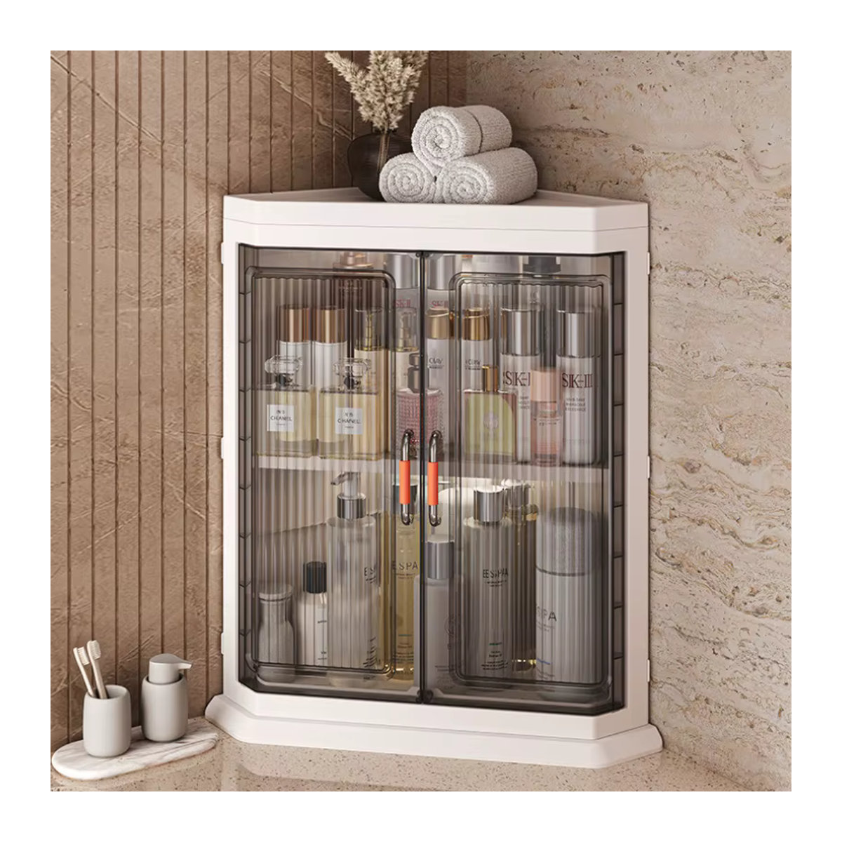 Dreieckiges Staubregal aus Kunststoff in Weiß als mehrschichtiger Lagerschrank für Wohnzimmer oder Schlafzimmer - Bild 5
