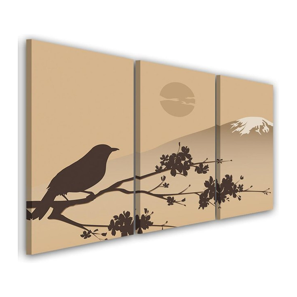 Dreiteiliger Leinwanddruck Feeby Japan Fuji Bird in Beige, Motiv Landschaft und Tier, B: 60 cm, H: 40 cm - Bild 1