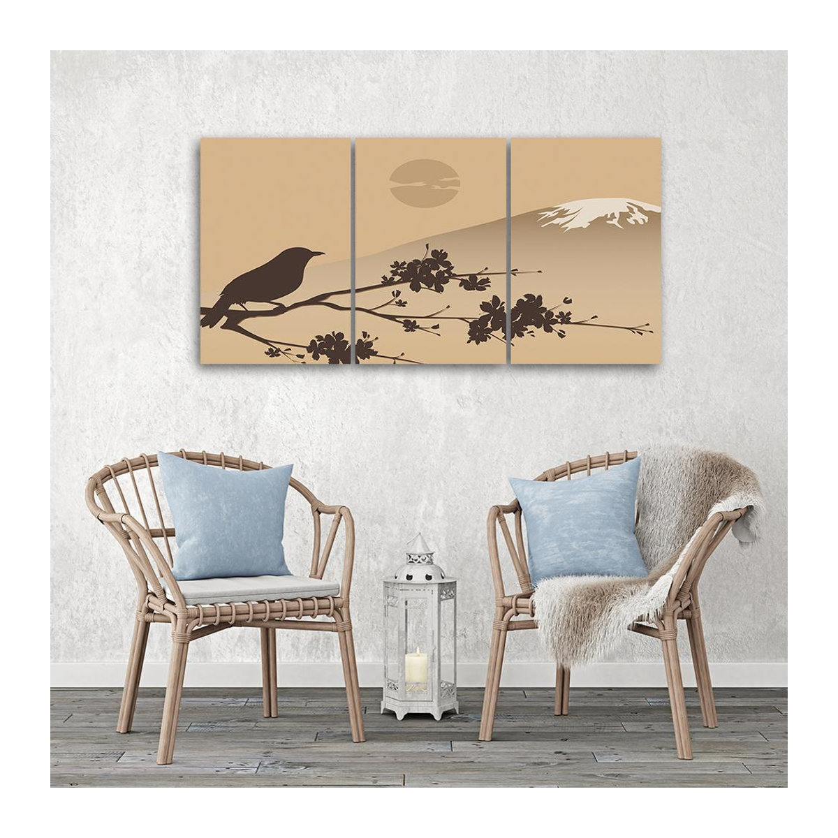 Dreiteiliger Leinwanddruck Feeby Japan Fuji Bird in Beige, Motiv Landschaft und Tier, B: 60 cm, H: 40 cm - Bild 2