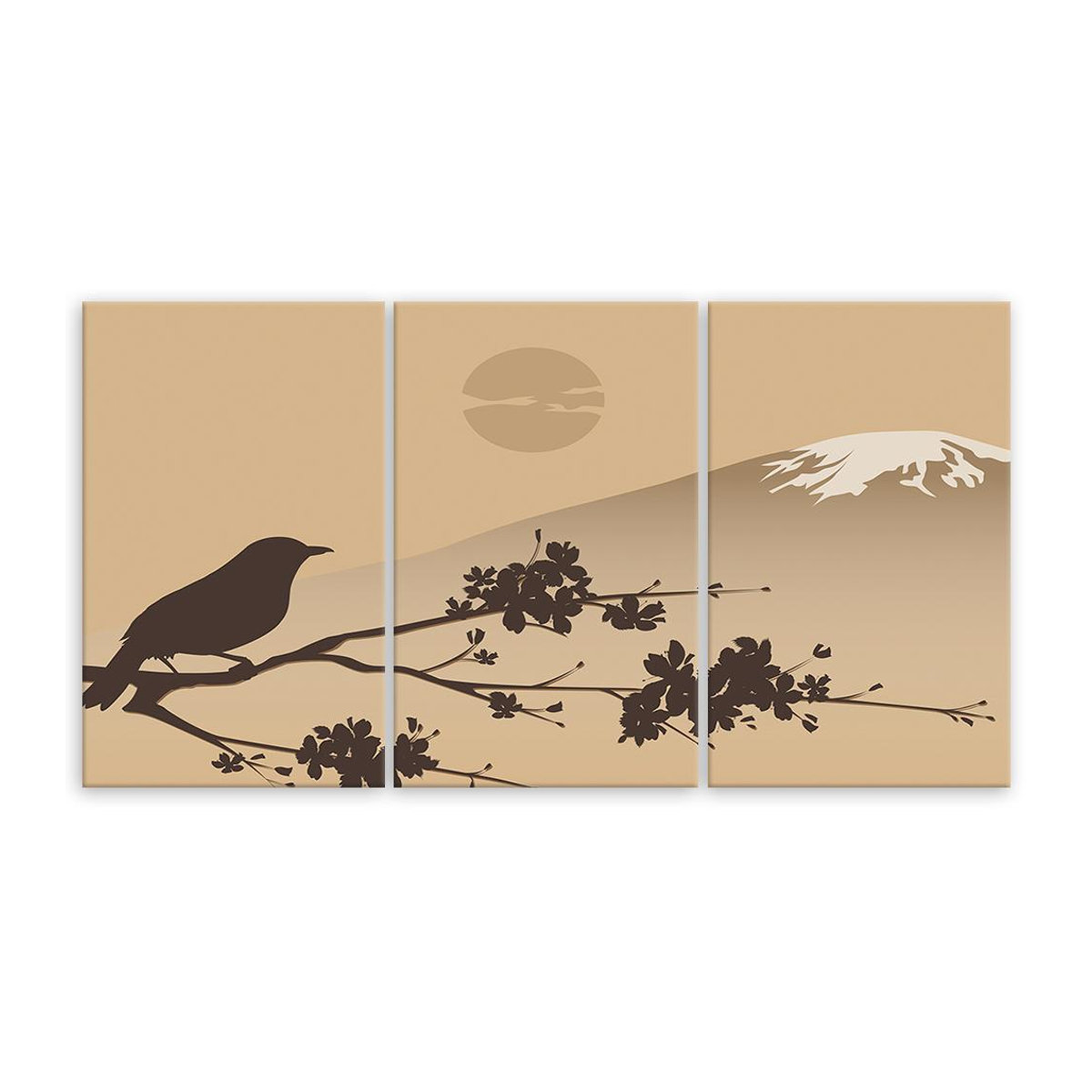 Dreiteiliger Leinwanddruck Feeby Japan Fuji Bird in Beige, Motiv Landschaft und Tier, B: 60 cm, H: 40 cm - Bild 3