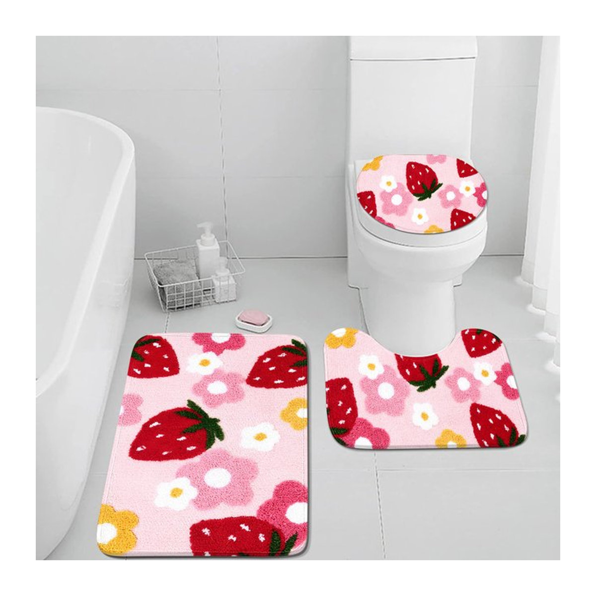 Dreiteiliges Badezimmerteppich-Set mit Erdbeermuster in Rosa - Bild 1