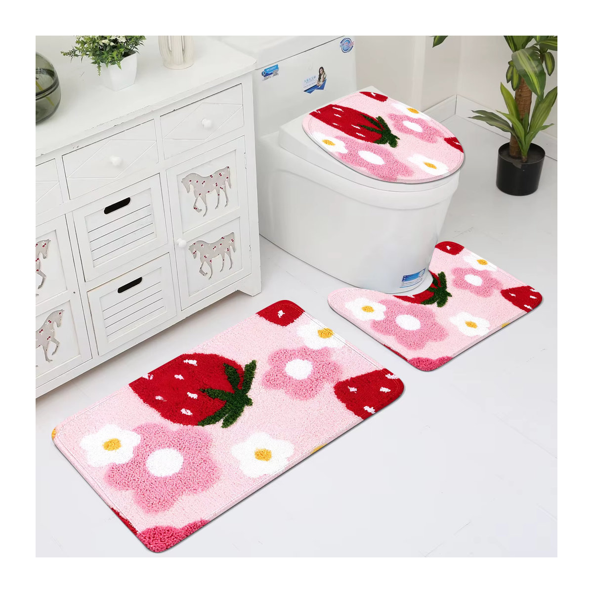 Dreiteiliges Badezimmerteppich-Set mit Erdbeermuster in Rosa - Bild 3