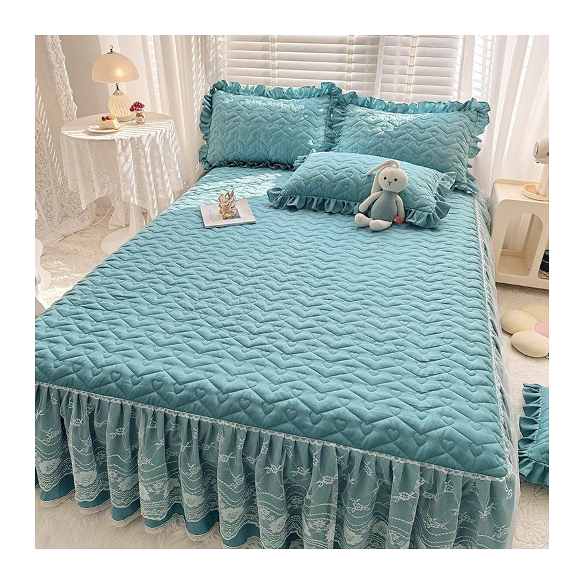 Dreiteiliges Bettwäsche-Set im Prinzessinnen-Stil mit gestepptem Spannbettlaken aus Baumwollspitze von Your Warm Home, B/T: 180 x 220 cm - Bild 2