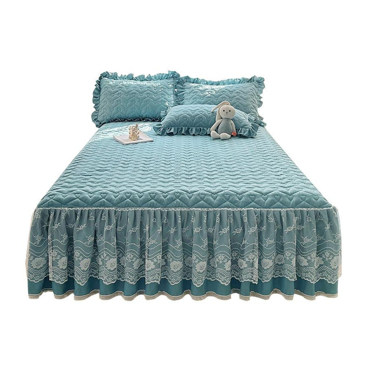 Dreiteiliges Bettwäsche-Set im Prinzessinnen-Stil mit gestepptem Spannbettlaken aus Baumwollspitze von Your Warm Home, B/T: 180 x 220 cm - Bild 3