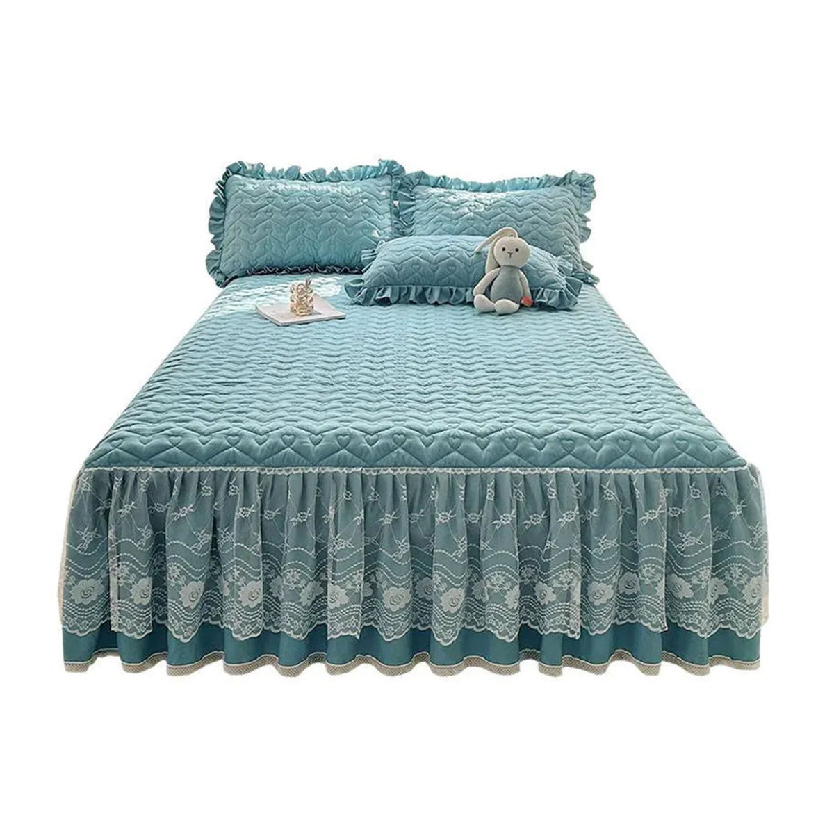 Dreiteiliges Bettwäsche-Set im Prinzessinnen-Stil mit gestepptem Spannbettlaken und Tagesdecke aus Baumwollspitze, B/B: 180 x 220 cm - Bild 2