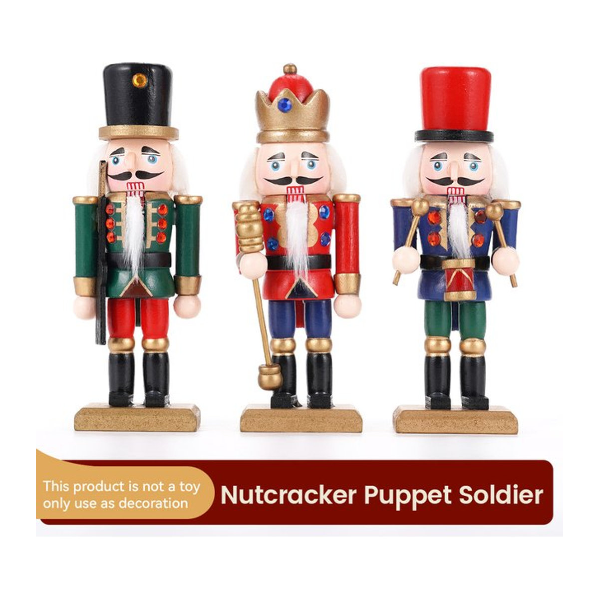 Dreiteiliges Set Nussknacker-Figuren aus Holz als hängende Weihnachtsornamente, mehrfarbig, Höhe: 15 cm - Bild 1